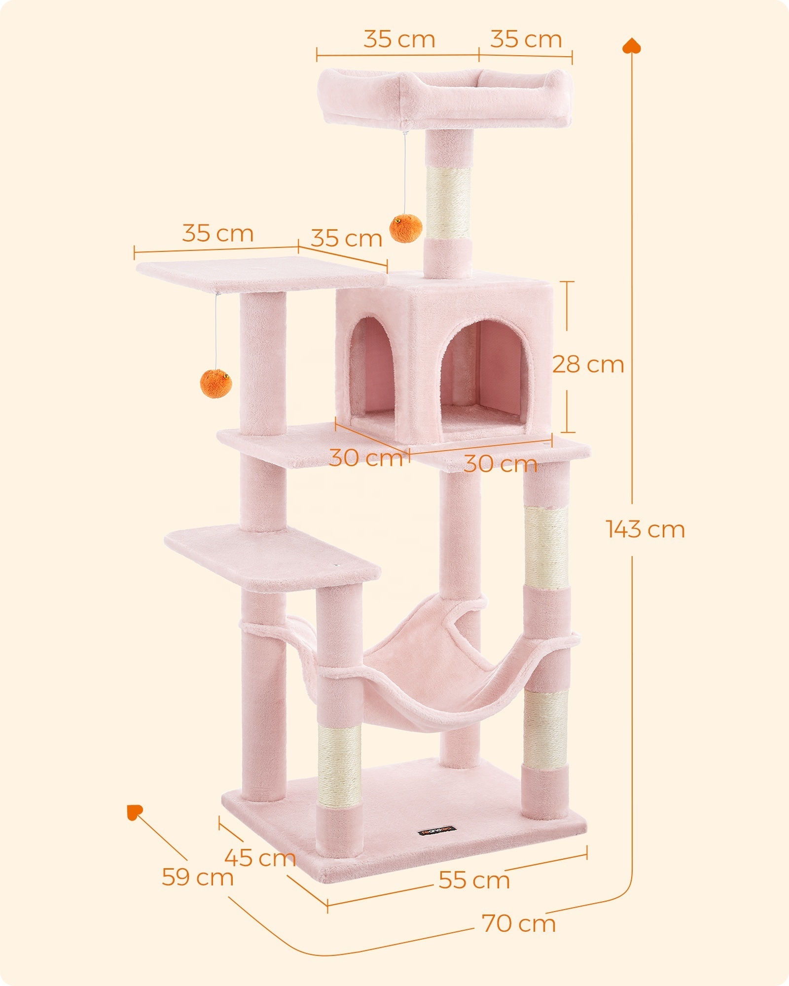 Feandrea pink Large Multi-level Cat Trees & Scratcher with Hammock Luxury Wood Pet Cat Tree Tower