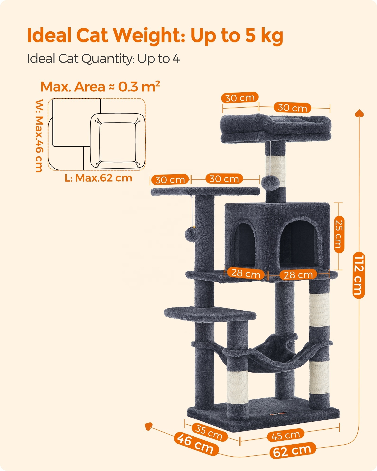 Feandrea Cat Condo tower with Hammock Multi Level wooden Cat Tree with 4 Scratching Posts and 2 Platforms