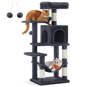 Feandrea Cat Condo tower with Hammock Multi Level wooden Cat Tree with 4 Scratching Posts and 2 Platforms