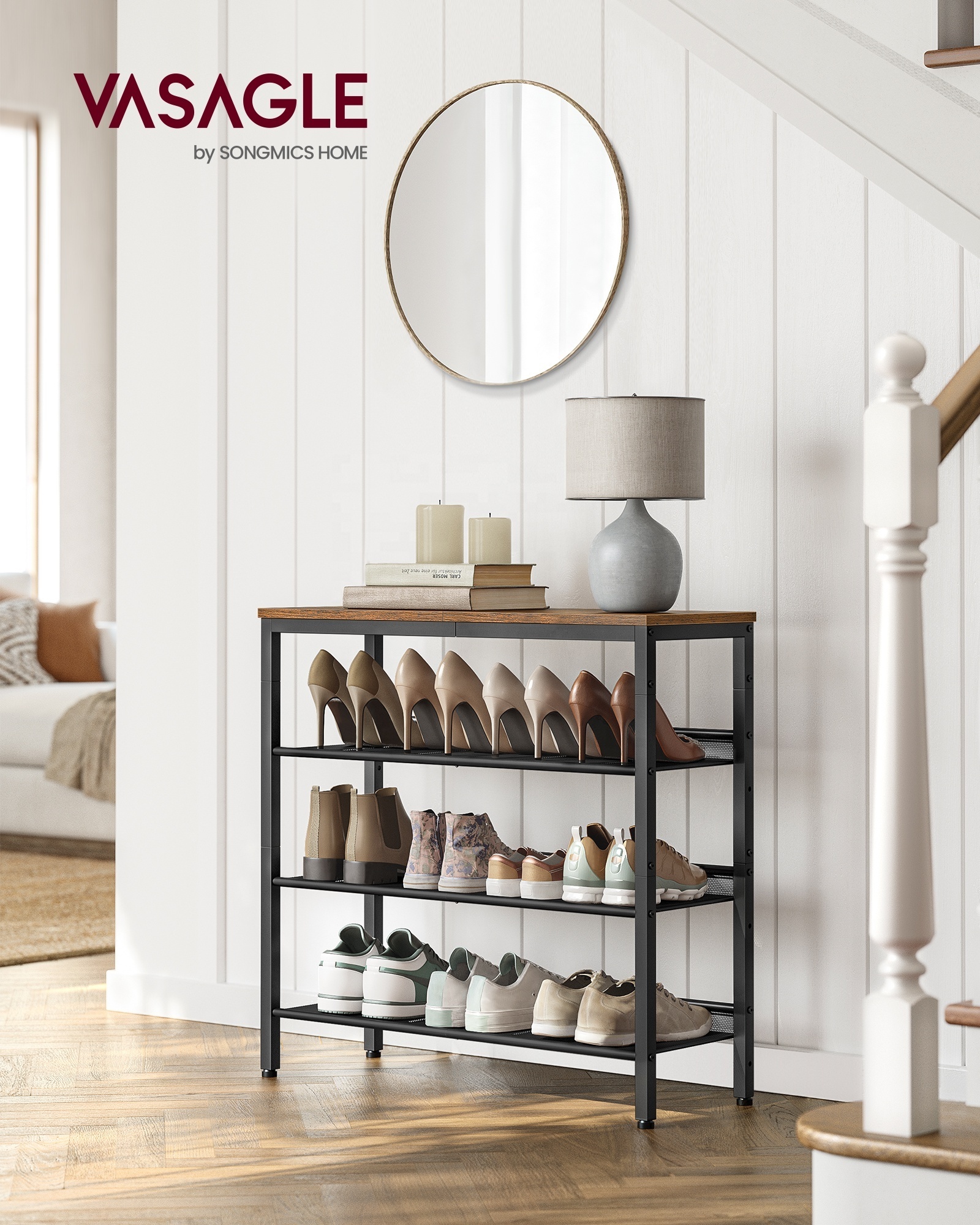 VASAGLE 4-Tier Shoe Storage with Shelves and Large Top Shoe Rack with Adjustable Mesh Shelves