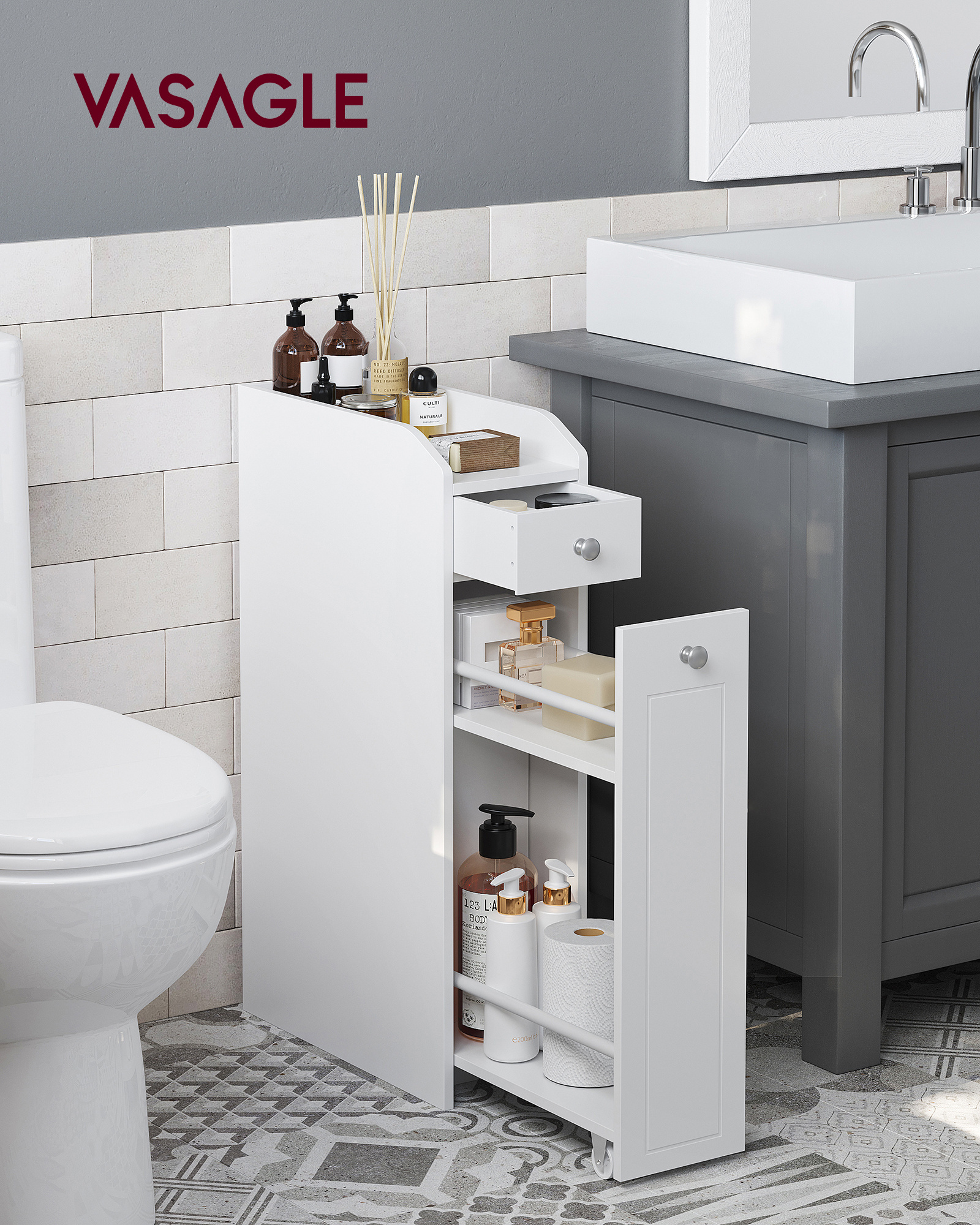 VASAGLE Toilet Paper Storage Cabinet with Slide Out Drawers Small Bathroom Storage Corner Floor Cabinet BestSuppliers