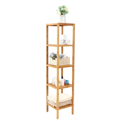 SONGMICS 5 Tier Bamboo Bathroom Shelf Free-Standing Shelving Unit Kitchen Storage Shelf for Small Space Living Room Bedroom