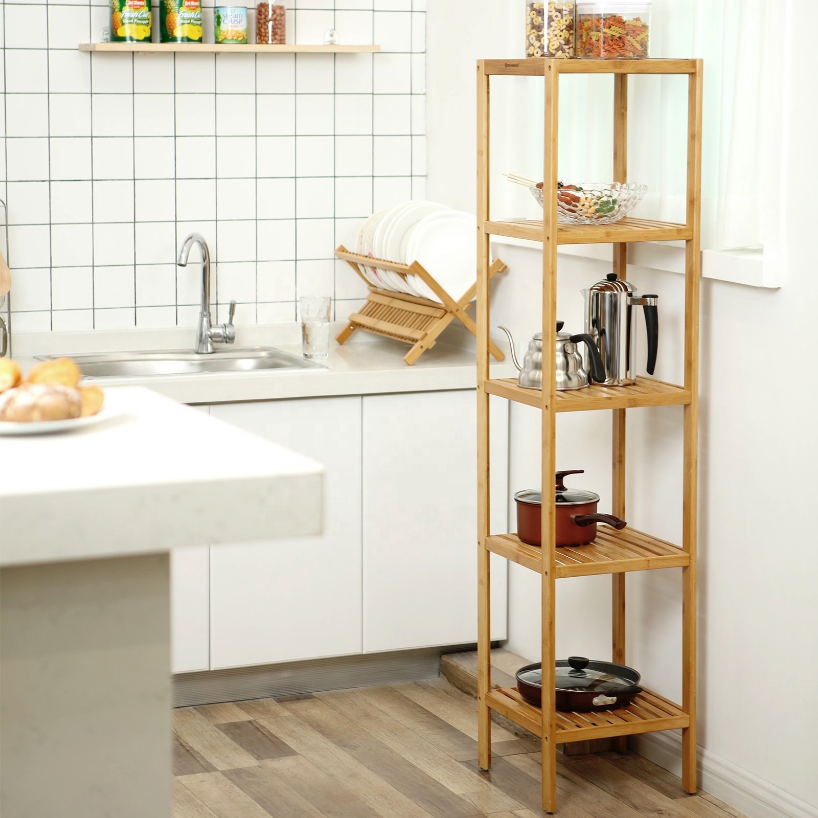 SONGMICS 5 Tier Bamboo Bathroom Shelf Free-Standing Shelving Unit Kitchen Storage Shelf for Small Space Living Room Bedroom