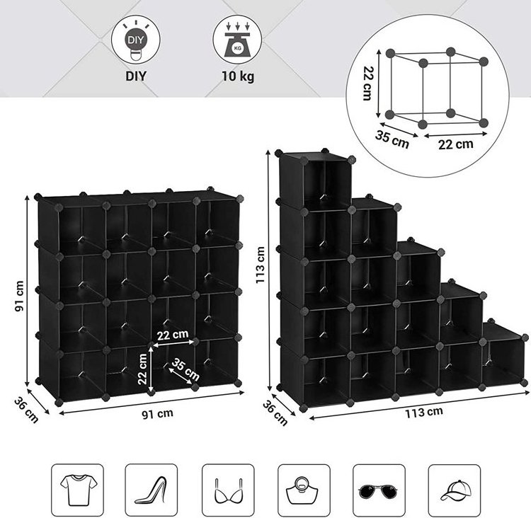 Extra Big Cube Black Interlocking 15 Cube Shoe Rack Plastic Closet Cabinet Shoe Storage Organizer Unit