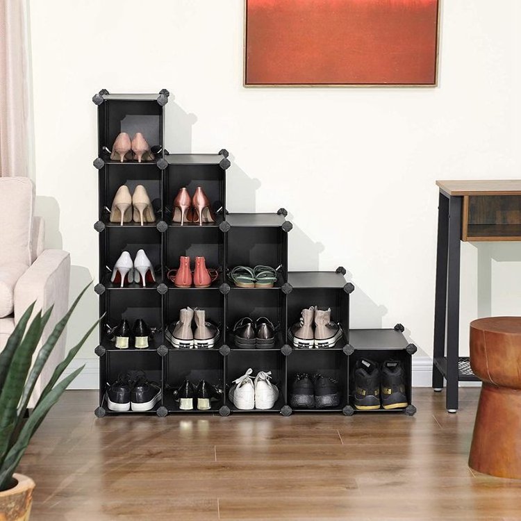 Extra Big Cube Black Interlocking 15 Cube Shoe Rack Plastic Closet Cabinet Shoe Storage Organizer Unit