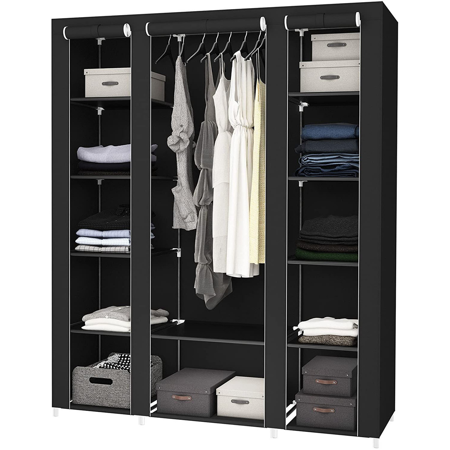 SONGMICS Bedroom Cloakroom Fabric Cover Foldable Closet Clothes Storage Organiser Portable Wardrobe with Hanging Rail