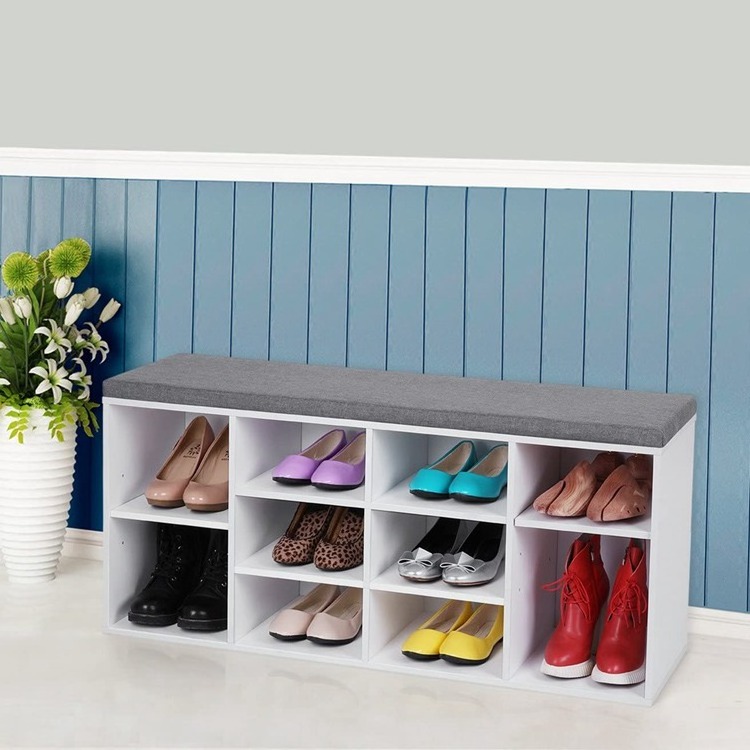 VASAGLE Entryway White 10 Compartments Storage Cabinet Shoe Shelf Rack Shoe Bench with Cushion