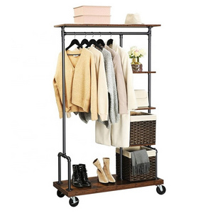 VASAGLE Clothing Garment Rack on Wheels Industrial Pipe Style Clothes Rack with 5-Tier storage shelf