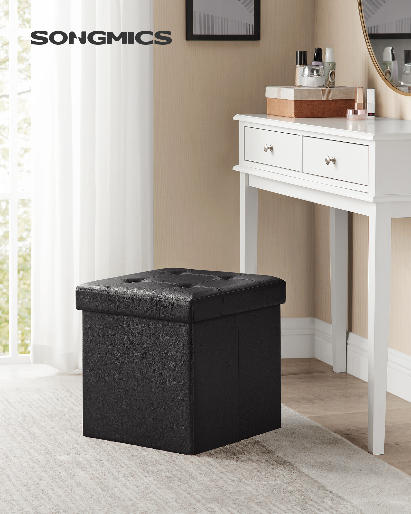 SONGMICS Customization Folding Storage Ottoman PVC Folding storage box Black Cubic Square stool footstool ottoman