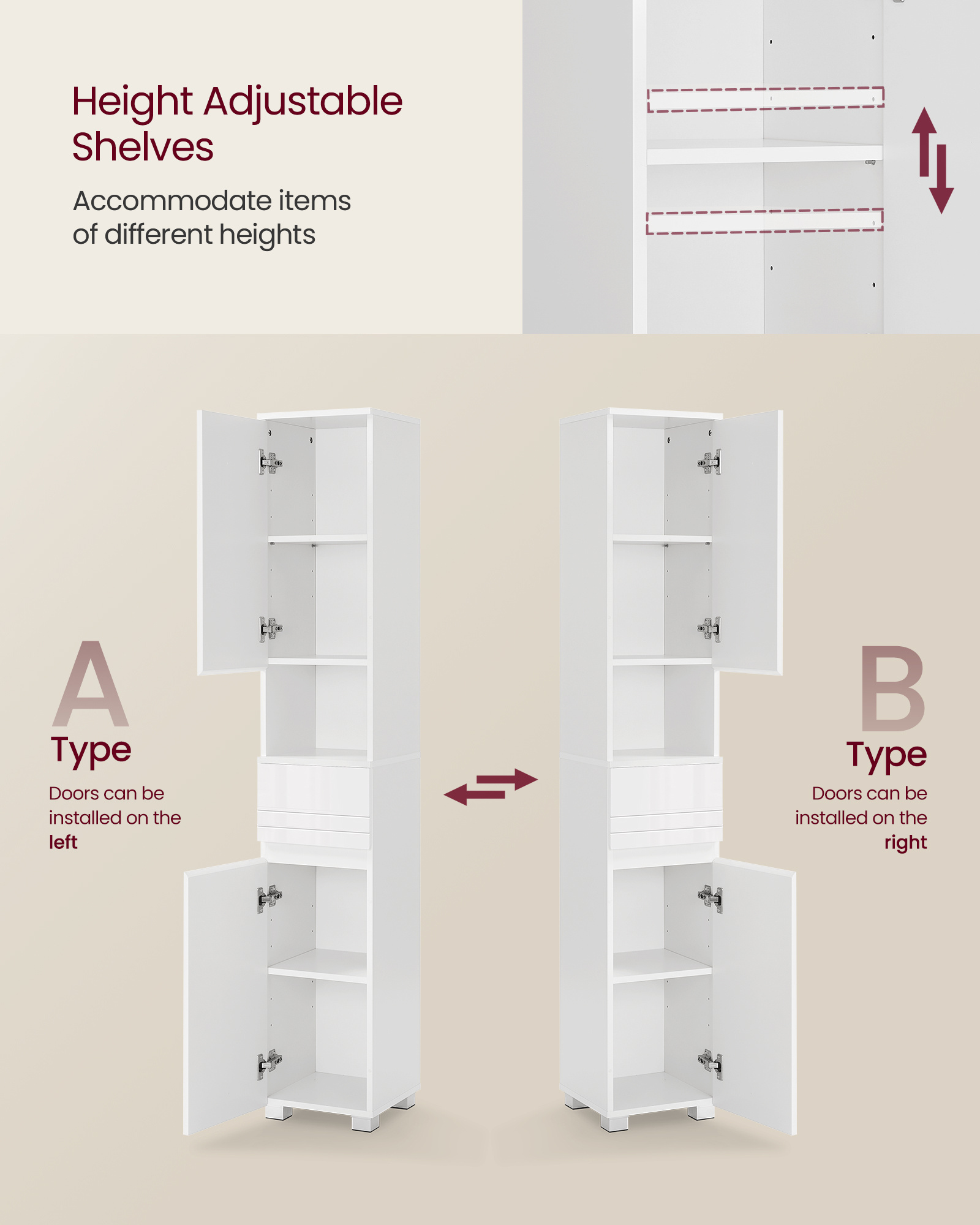 VASAGLE Freestanding Cabinet White Tall Vanity Cabinet Small Bathroom Storage Corner Floor Cabinet