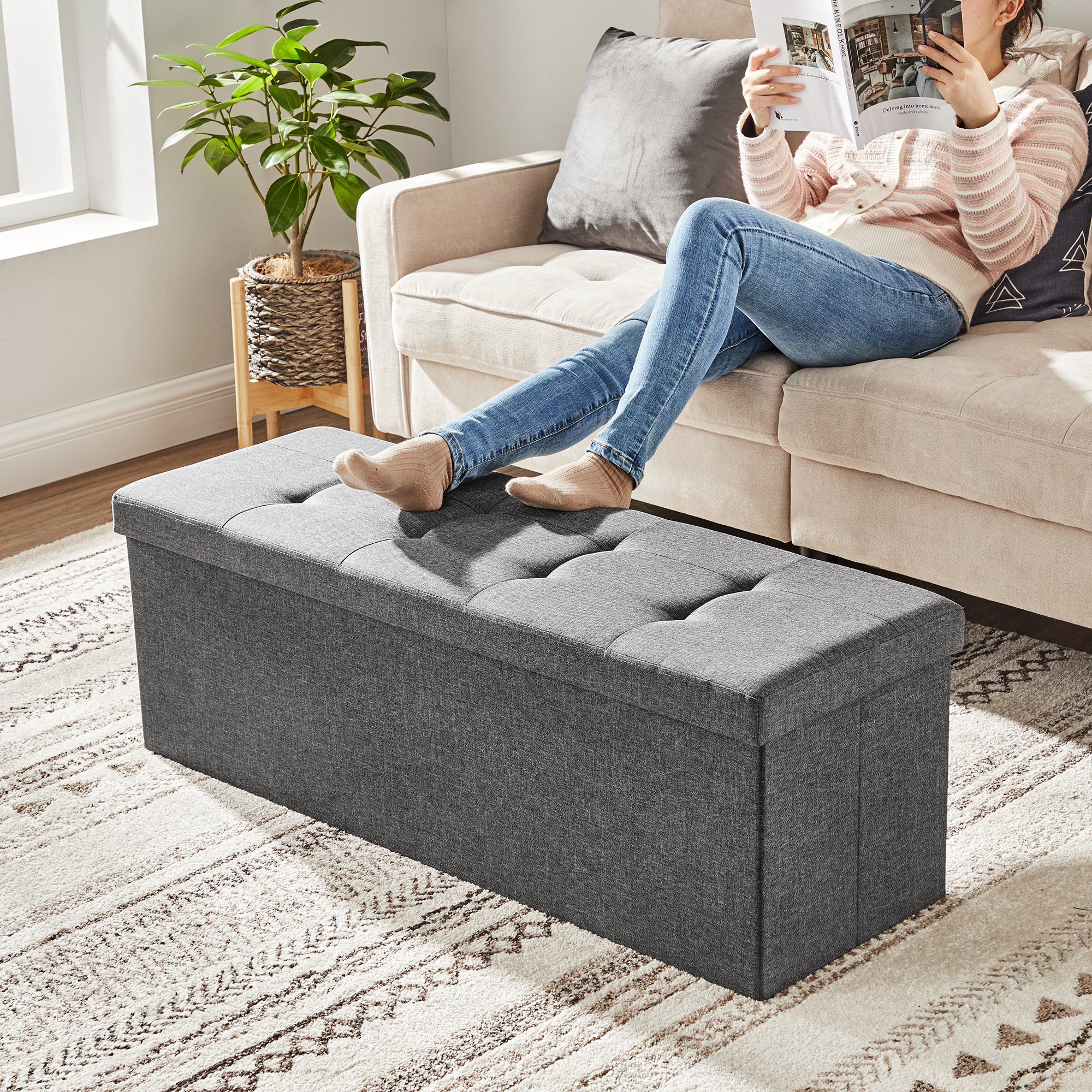 SONGMICS space save Sundries cube storage box Grey Linen Folding Ottoman bench with storage Ottoman stool