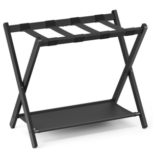 SONGMICS Black Hotel Room Luggage Rack Easy Storage Metal Suitcase Stand With Storage Shelf