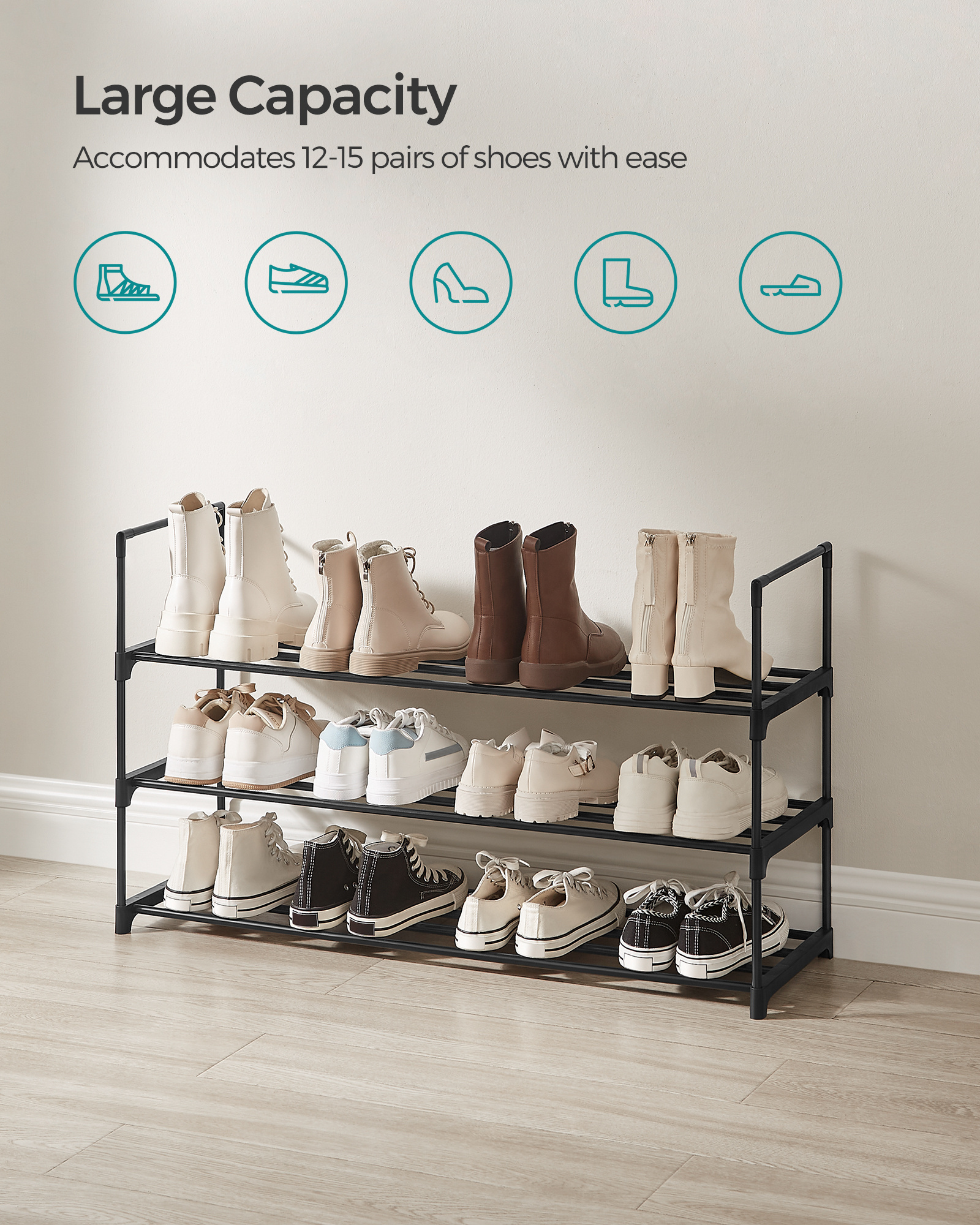 Household 3 Tier Shoe Racks For Entryway Black Foldable Small Shoe Rack Cabinet