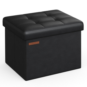 SONGMICS Small Black Folding Footrest Cube Synthetic Leather Footrest Storage Ottoman for Living Room