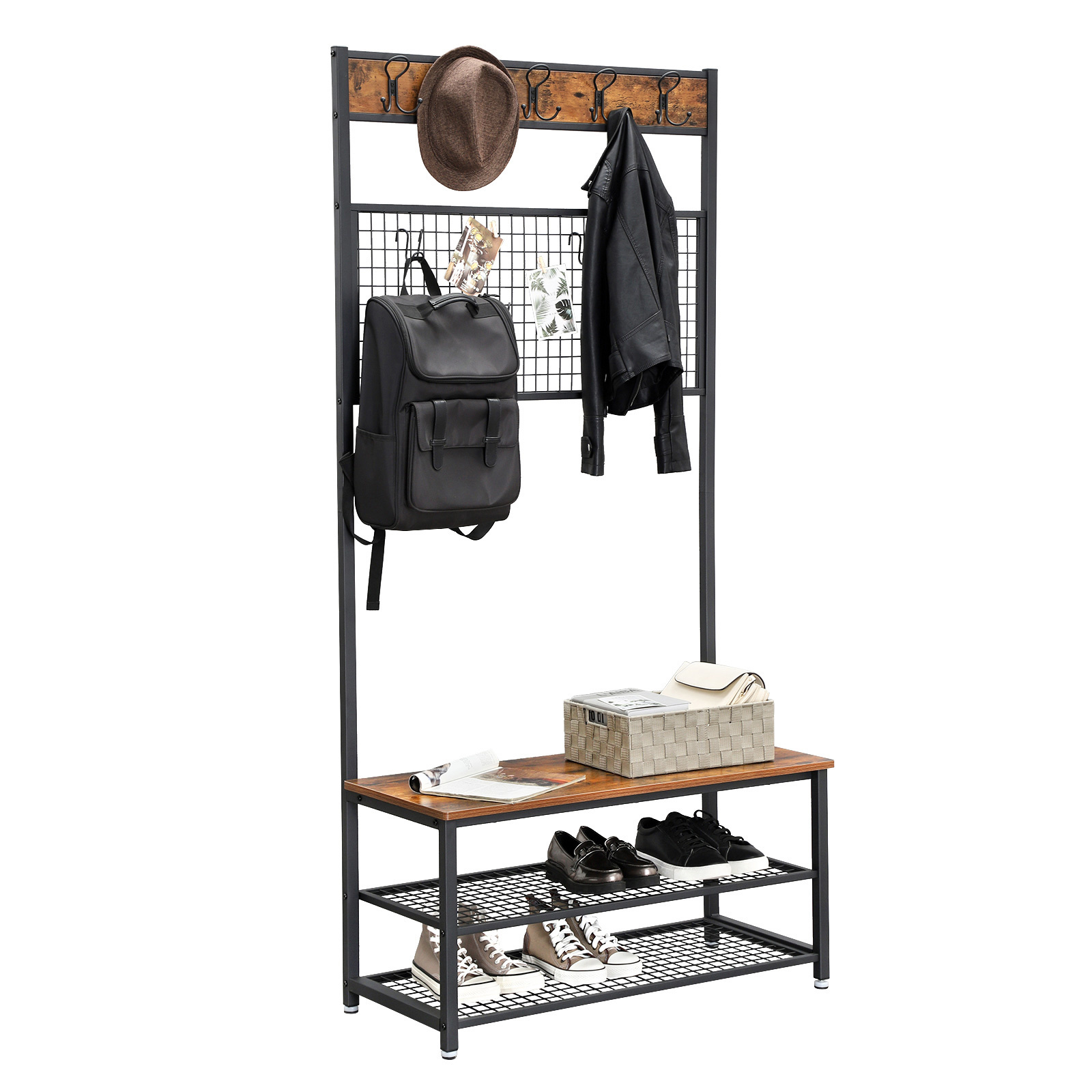 VASAGLE Industrial Wooden Tree Coat Rack Stand Metal Frame Hall Tree With Bench And Shoe Storage