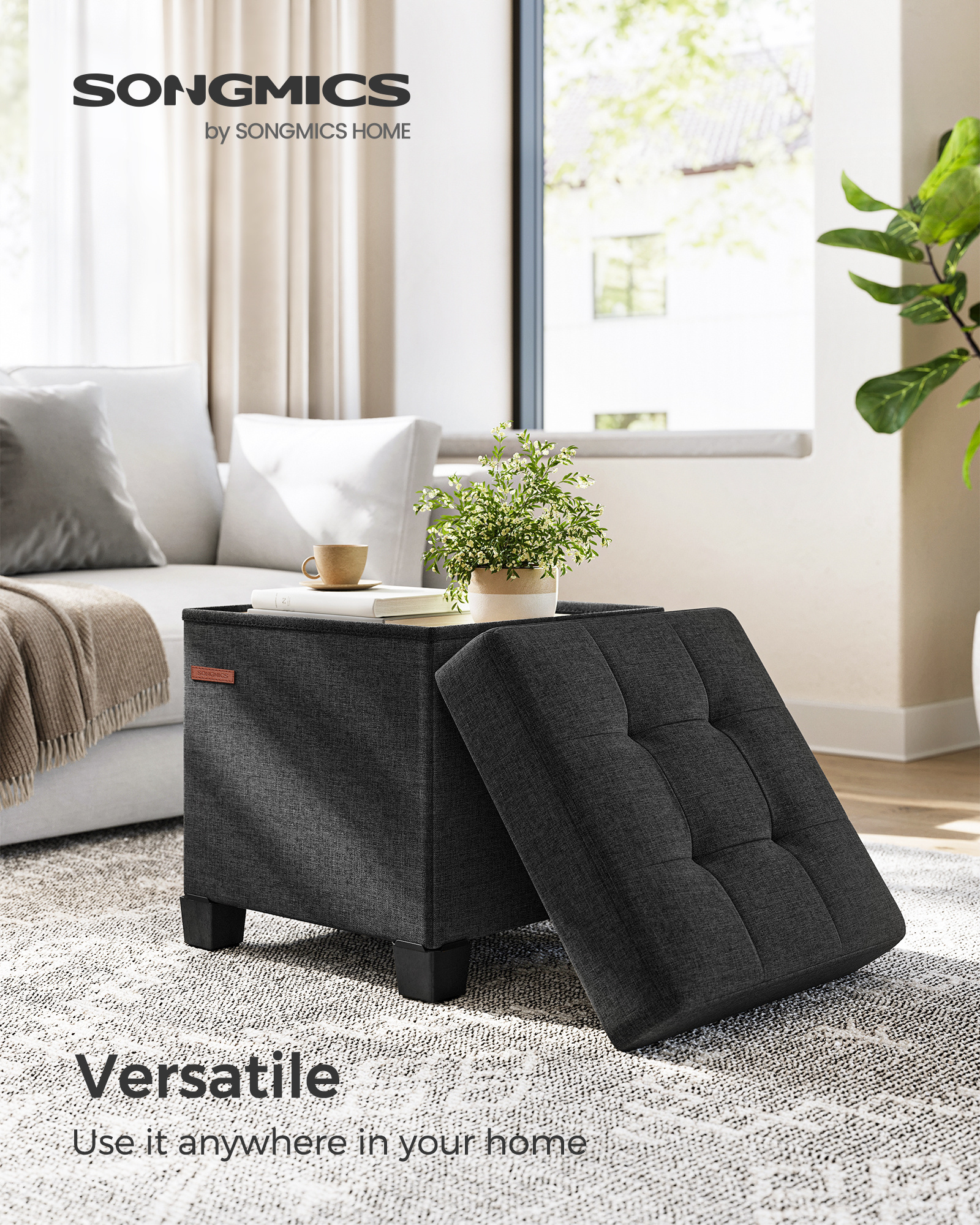 SONGMICS 38x38x40cm Folding Storage Bench Linen Cube Seat black Storage Ottoman