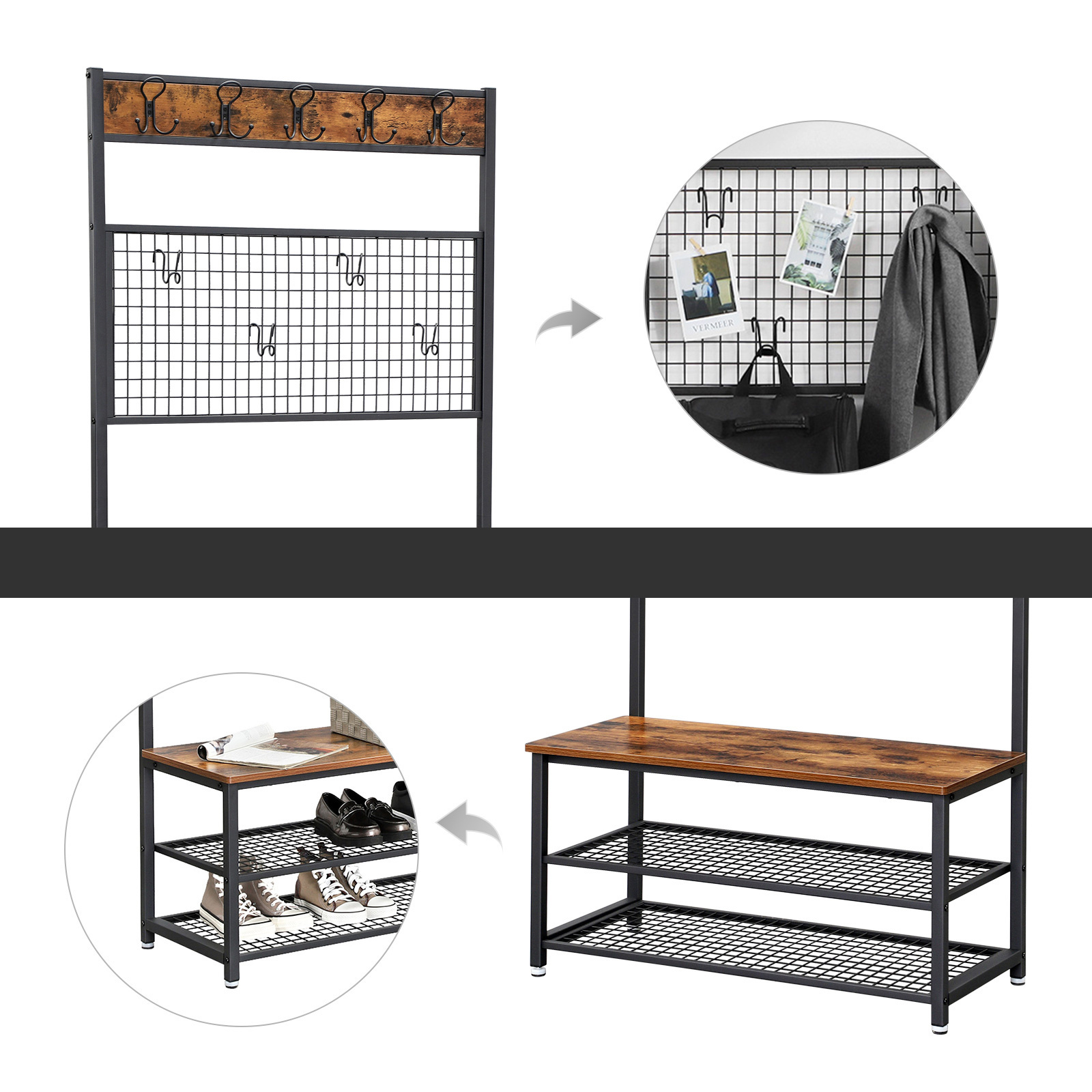 VASAGLE Industrial Wooden Tree Coat Rack Stand Metal Frame Hall Tree With Bench And Shoe Storage