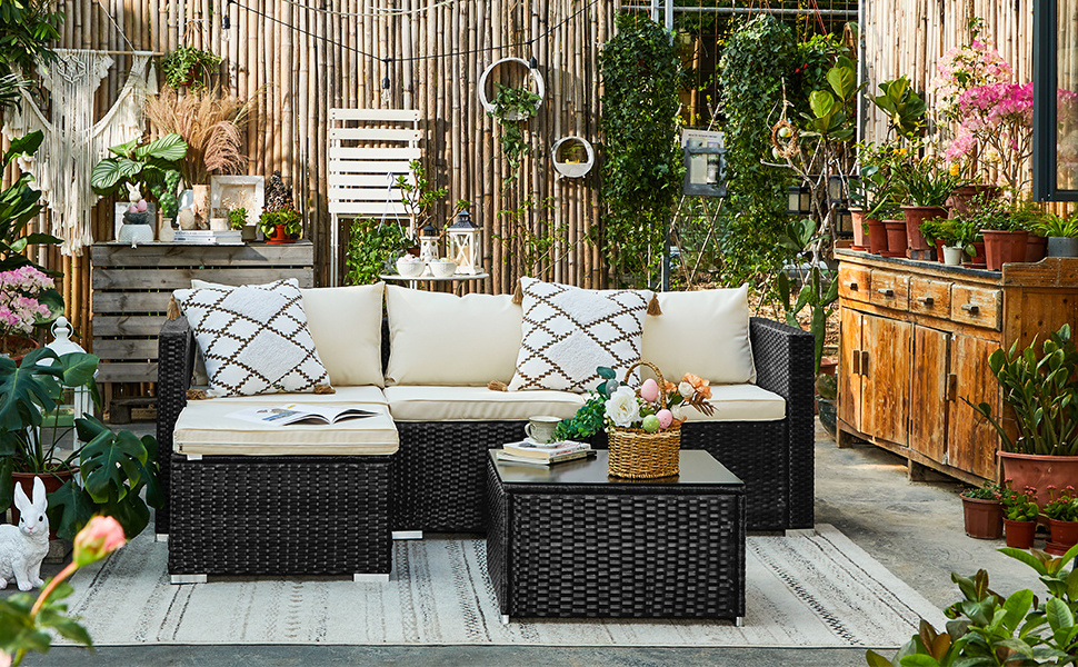 SONGMICS Outdoor Modern Patio Rattan Sofa Garden Furniture Set Fabric Modular Corner Sofa Couch