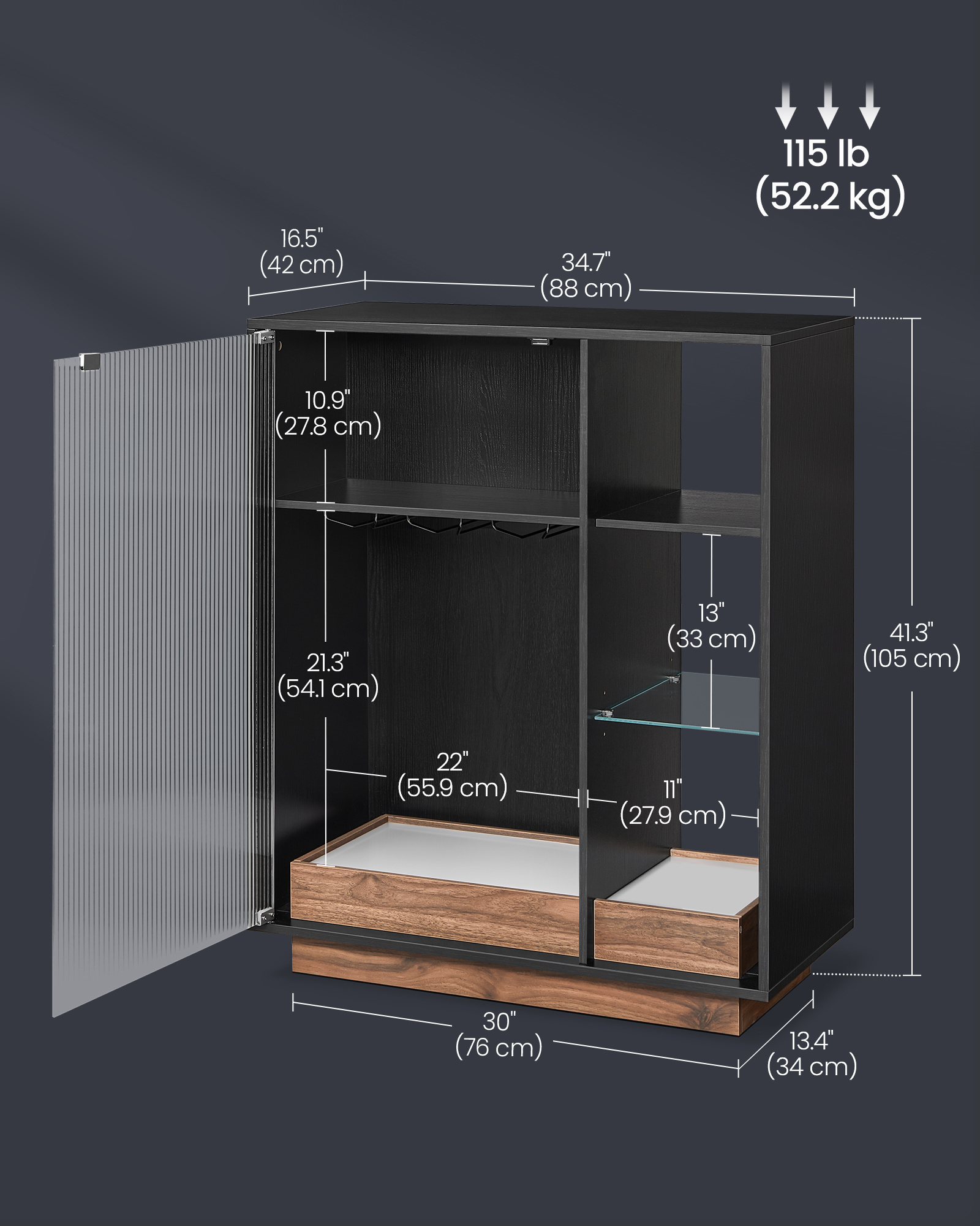 VASAGLE  Living Room LED Sideboard Cabinet with Wine Storage Glass Door Wine Bar Cabinet with Lights