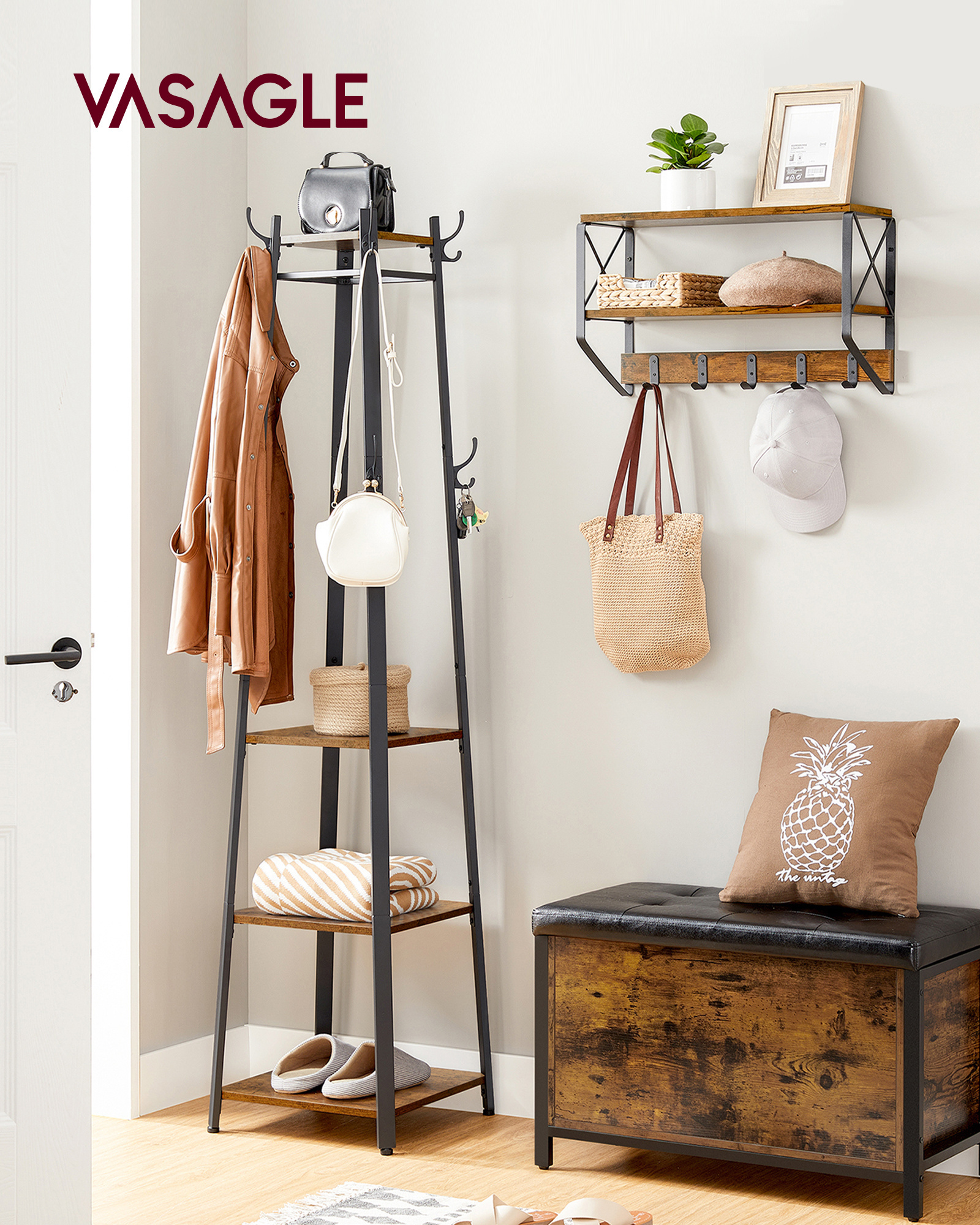 VASAGLE Industrial Coat Stand 3 Shelves Stand Coat Rack with Hooks