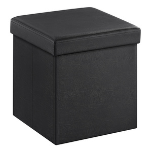 SONGMICS Cube Folding Storage Bench Black Faux Leather Folding Stool Ottoman