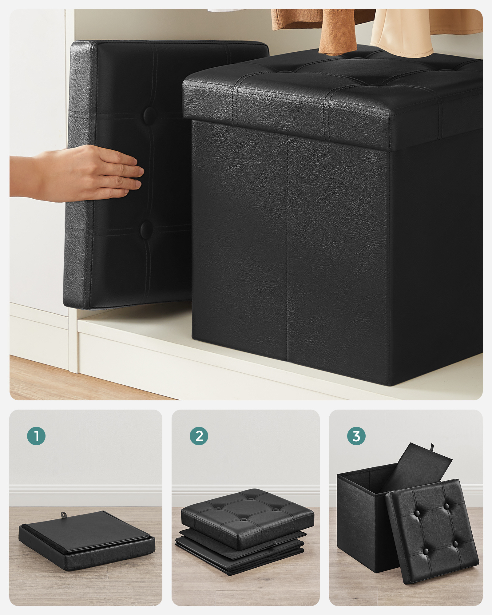 SONGMICS Customization Folding Storage Ottoman PVC Folding storage box Black Cubic Square stool footstool ottoman