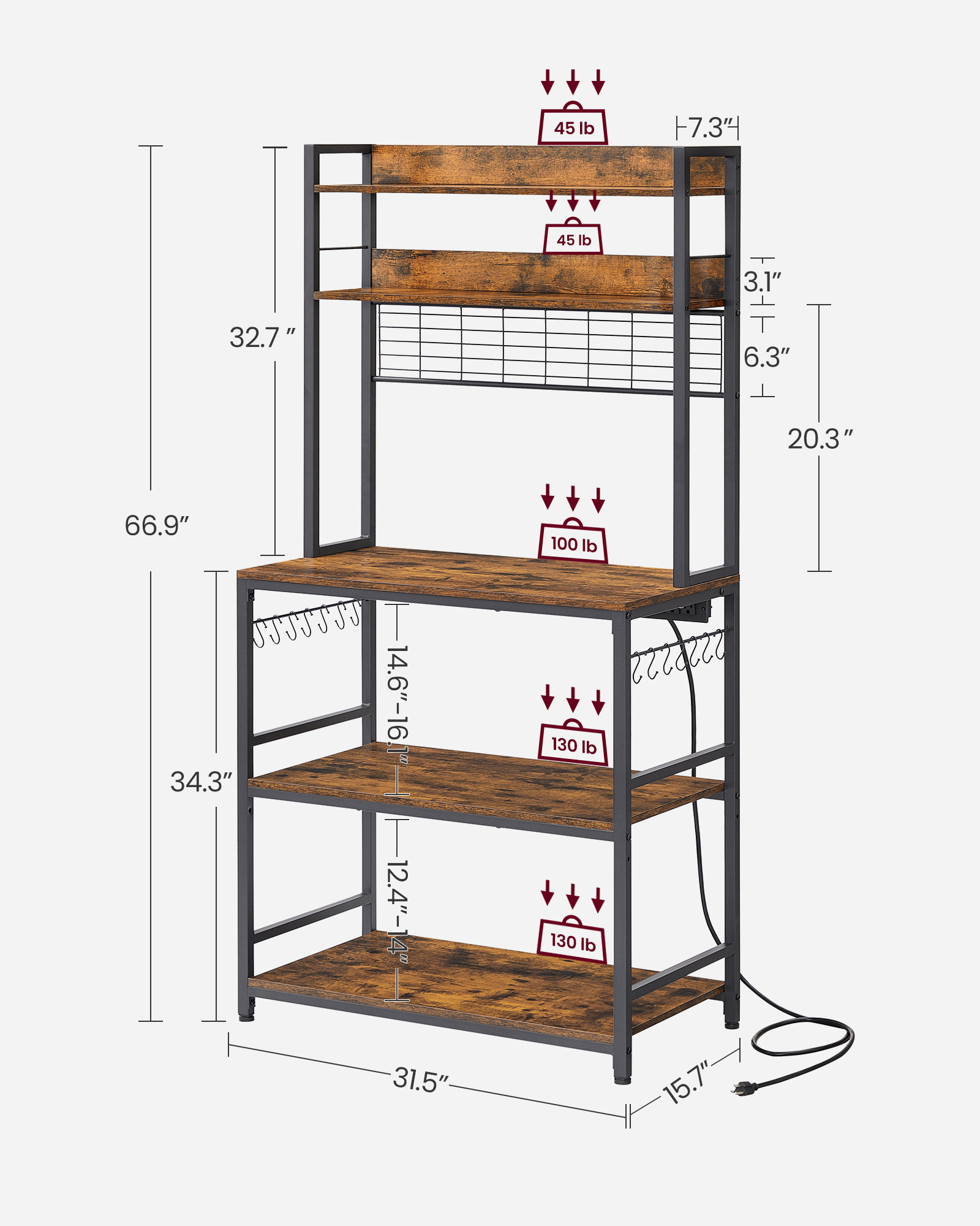 VASAGLE Factory Wholesale 5-Tier Hutch Bakers Rack Kitchen Storage Shelf