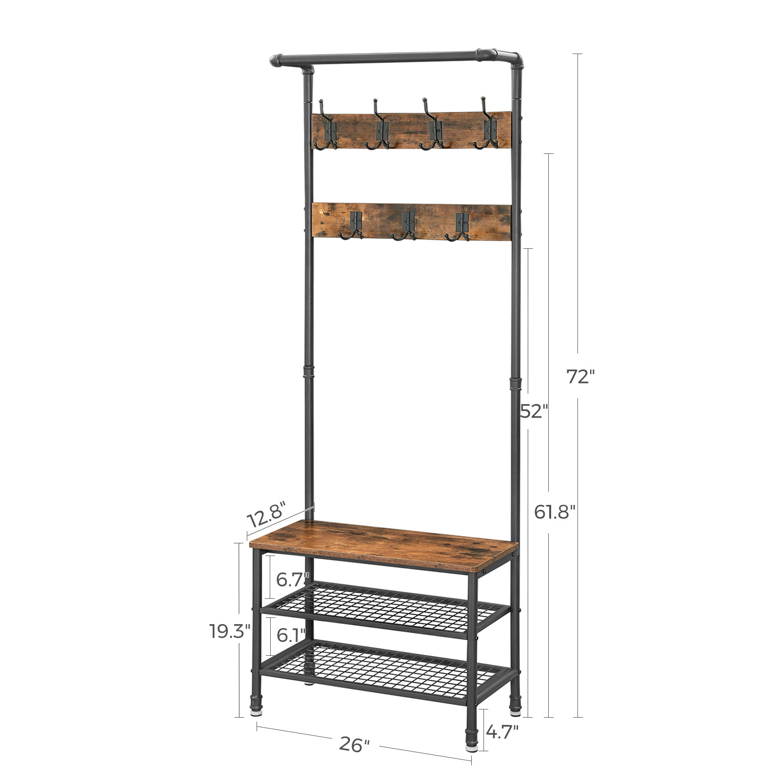 Hallaway Coat Rack Industrial Style Furniture Metal Frame Wooden Multipurpose Clothes Hanger Stand MDF& Wood with Shoe Cabinet