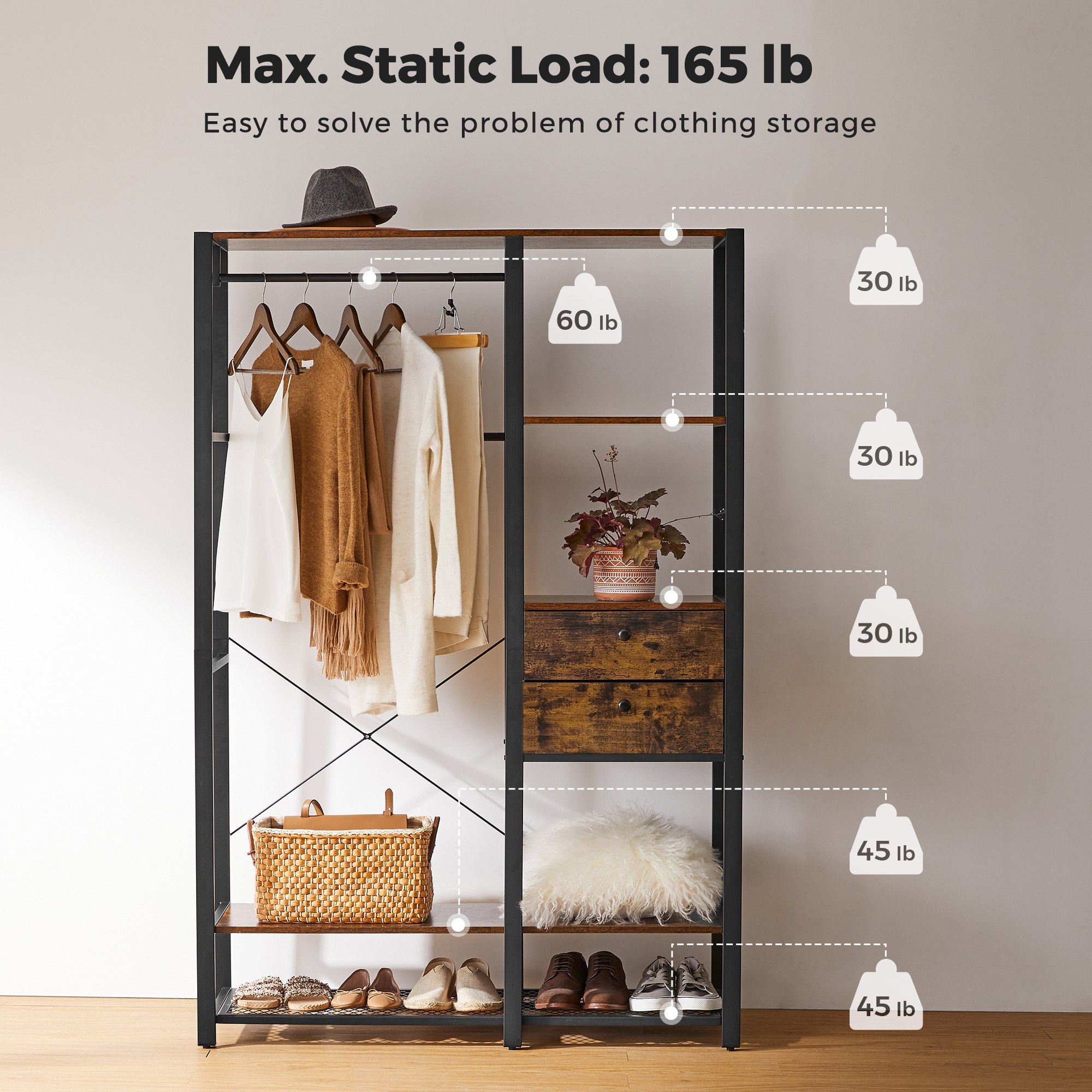 Modern Free Standing Closet Organizer Heavy Duty Clothes Rack Vintage Wooden Wardrobe