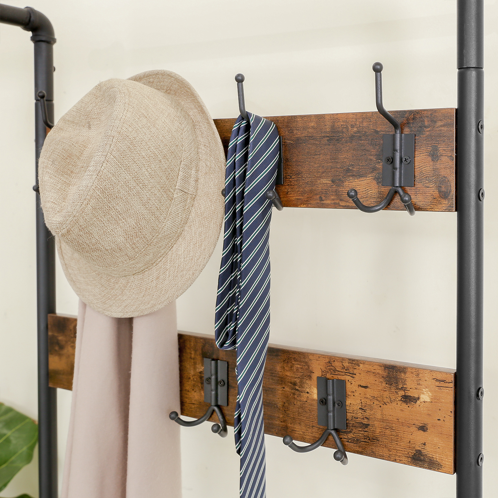 Hallaway Coat Rack Industrial Style Furniture Metal Frame Wooden Multipurpose Clothes Hanger Stand MDF& Wood with Shoe Cabinet