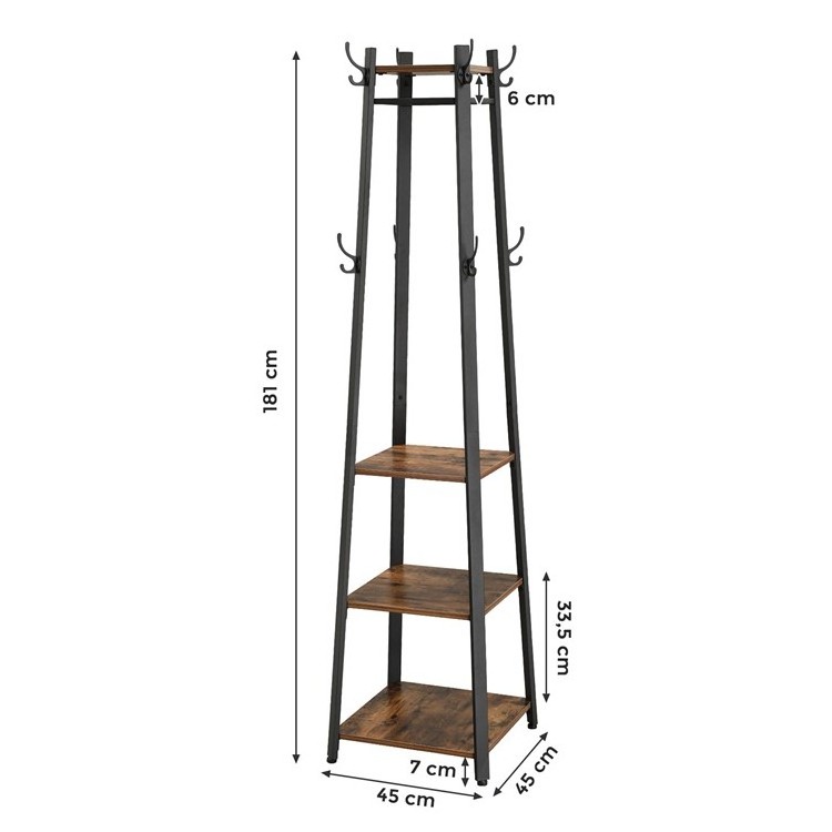 VASAGLE Ladder Shelf with Hooks and Clothes Rail, vintage industrial metal wooden Coat Stand with 3 Shelves