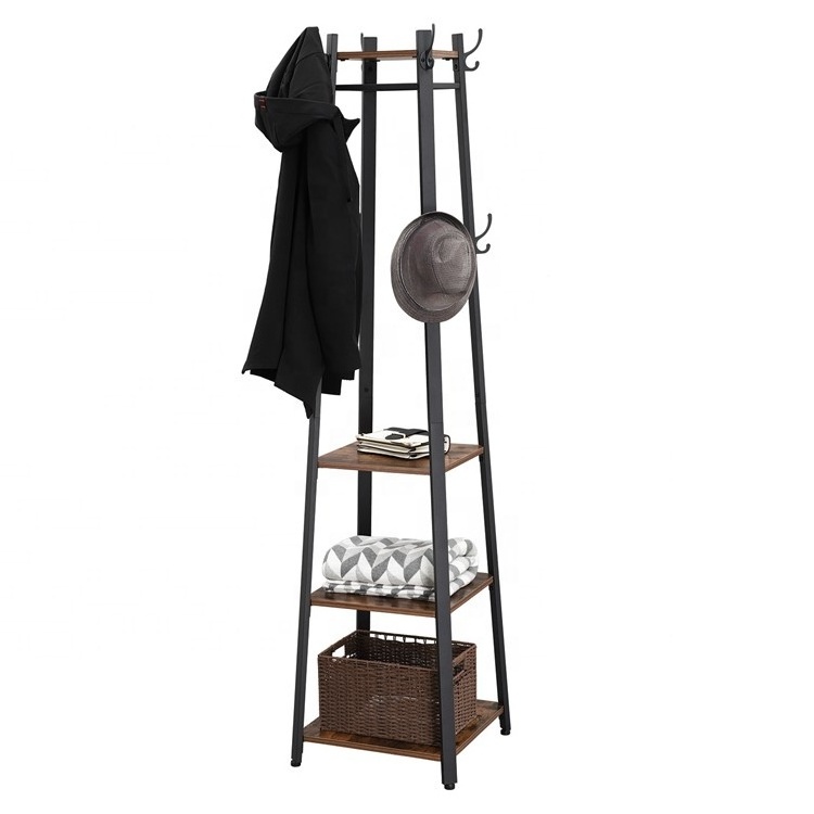 VASAGLE Ladder Shelf with Hooks and Clothes Rail, vintage industrial metal wooden Coat Stand with 3 Shelves