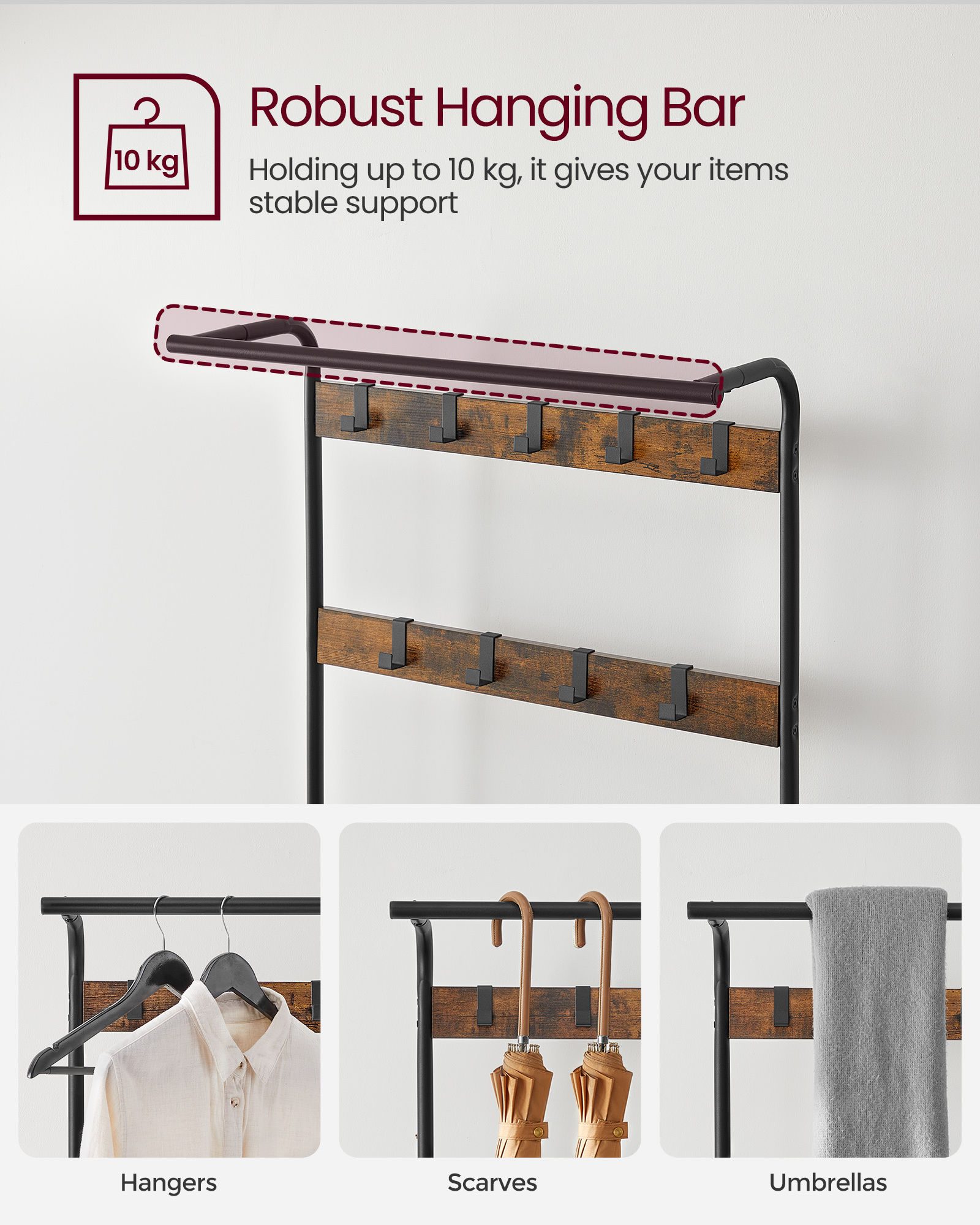 SONGMICS hallway furniture wooden rack for clothes entryway coat rack with shoe rack