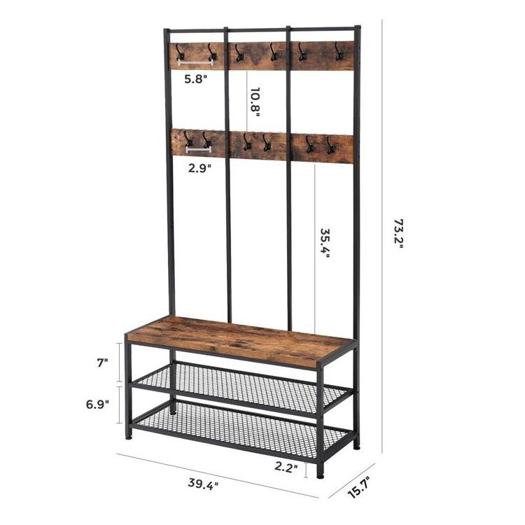 VASAGLE Industrial Design 12 Hooks Large Hat and Coat Stand Coat Rack with Shoe Rack Bench