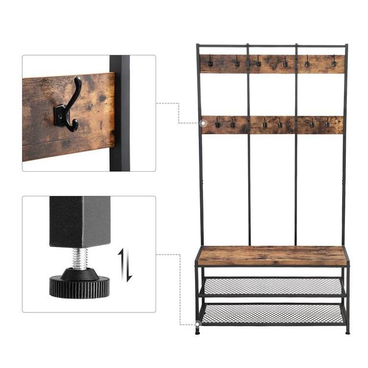 VASAGLE Industrial Design 12 Hooks Large Hat and Coat Stand Coat Rack with Shoe Rack Bench