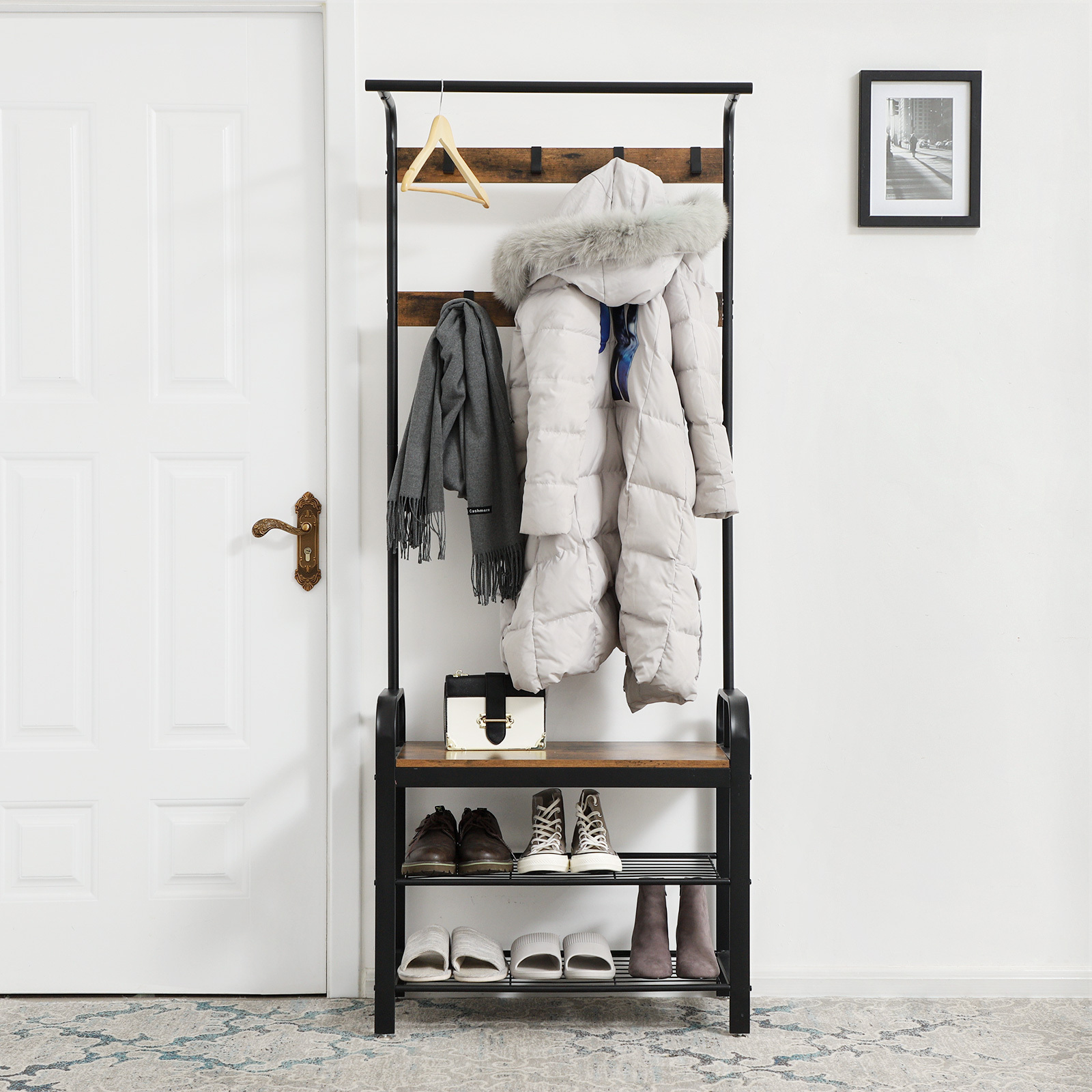 Hallway front entrance Contemporary Cheap Iron Frame Narrow har Coat Shoe stand Rack and hanger Storage Bench With Hall Tree