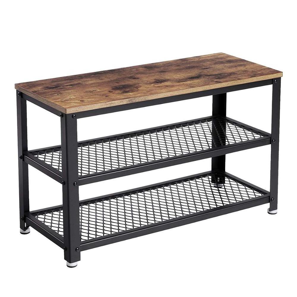 VASAGLE 3-tier Industrial Storage Shelf with Seat, Rustic Brow Wooden Shelf Metal Frame Shoe Bench Rack for Entryway Living Room