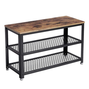 VASAGLE 3-tier Industrial Storage Shelf with Seat, Rustic Brow Wooden Shelf Metal Frame Shoe Bench Rack for Entryway Living Room