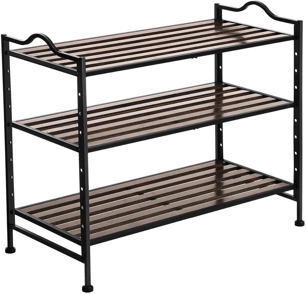 SONGMICS Hallway Shoe Storage Organiser 3-Tier Slat Stackable Expandable Shoe Rack with Adjustable Shelves