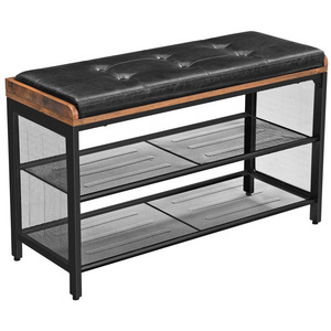 VASAGLE Industrial Black Imitation Leather Hallway Shoe Bench, Padded Storage Bench with Mesh Shelf, Metal Frame Shoe Rack