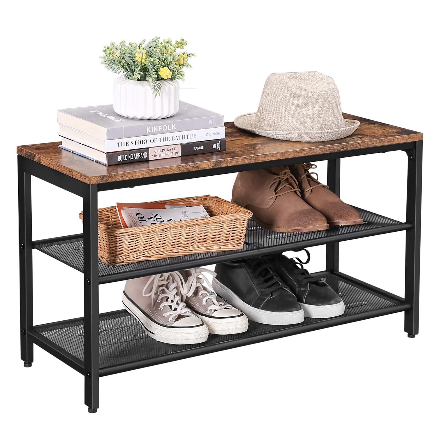 VASAGLE Metal Industrial Rustic Brown Shoe Bench, Shoe Rack with 2 Mesh Shelves, Shoe Storage Organizer for Entryway Hall