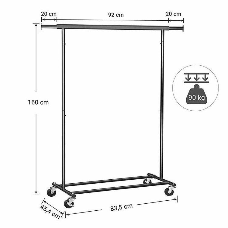 SONGMICS Heavy Duty 90 kg Load Capacity Clothes Rail Clothes Rack with Wheels Extendable Hanging Rail