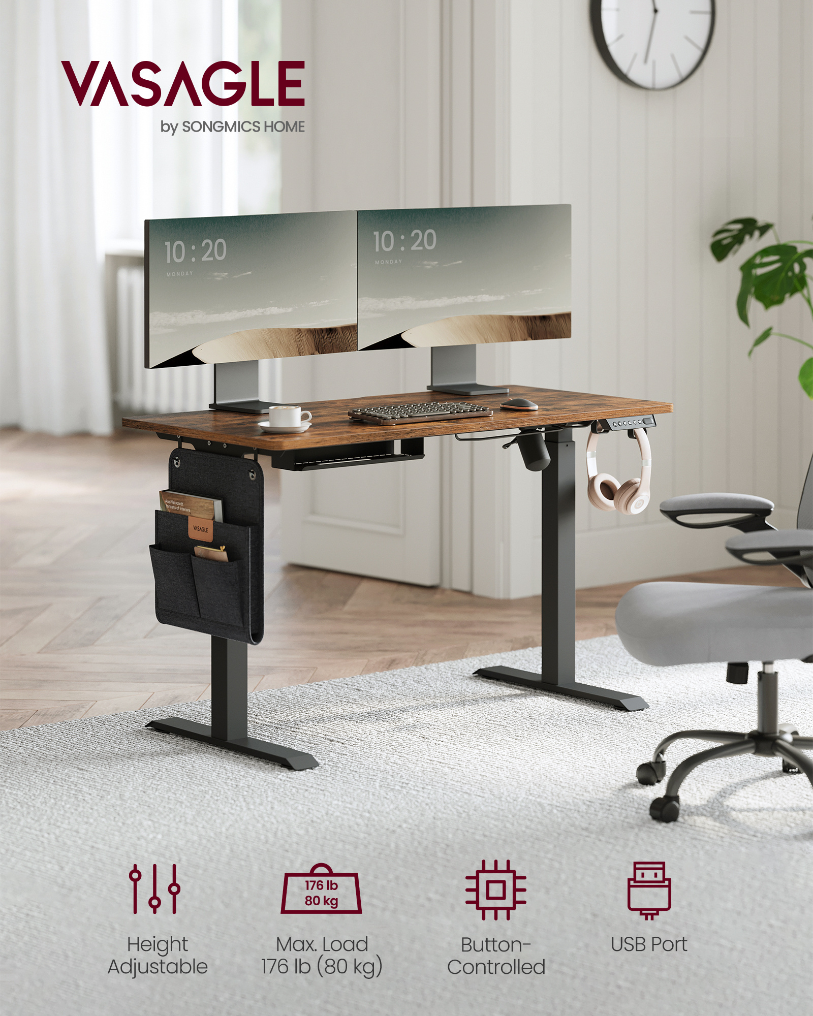 VASAGLE Height Adjustable Electric standing Desk modern Natural Oak office desk