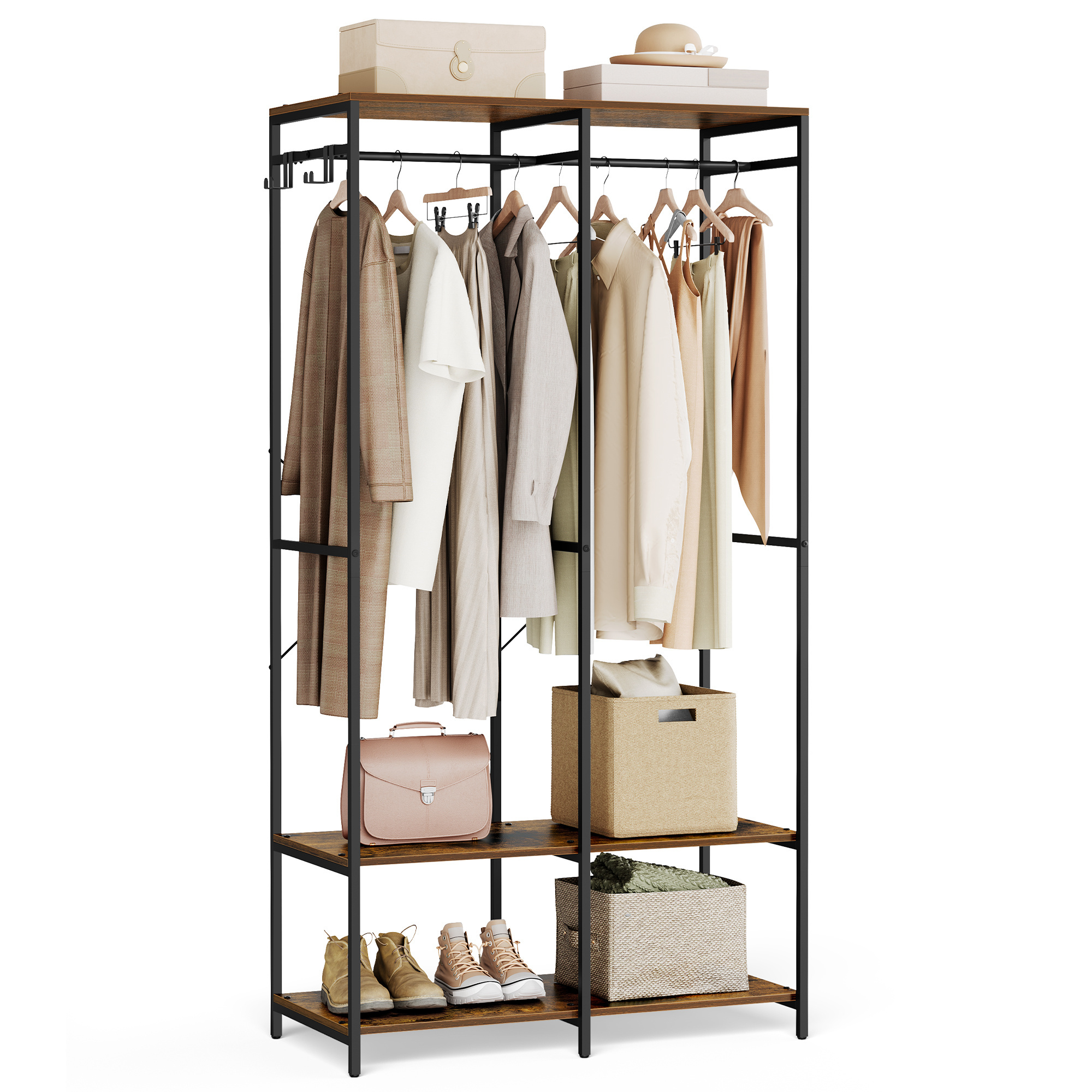 SONGMICS Heavy Duty Garment Rack Freestanding Closet Organizer Bedroom Furniture Simple Wooden Wardrobe