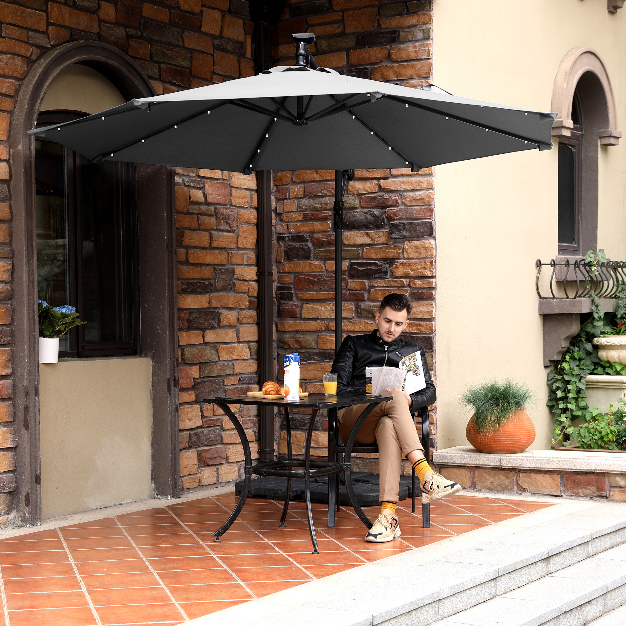 SONGMICS 8 FT 3M 8 Ribs Luxury Foldable Garden Umbrella Big Size Steel Solar LED Outdoor cantilever parasol Patio Umbrellas