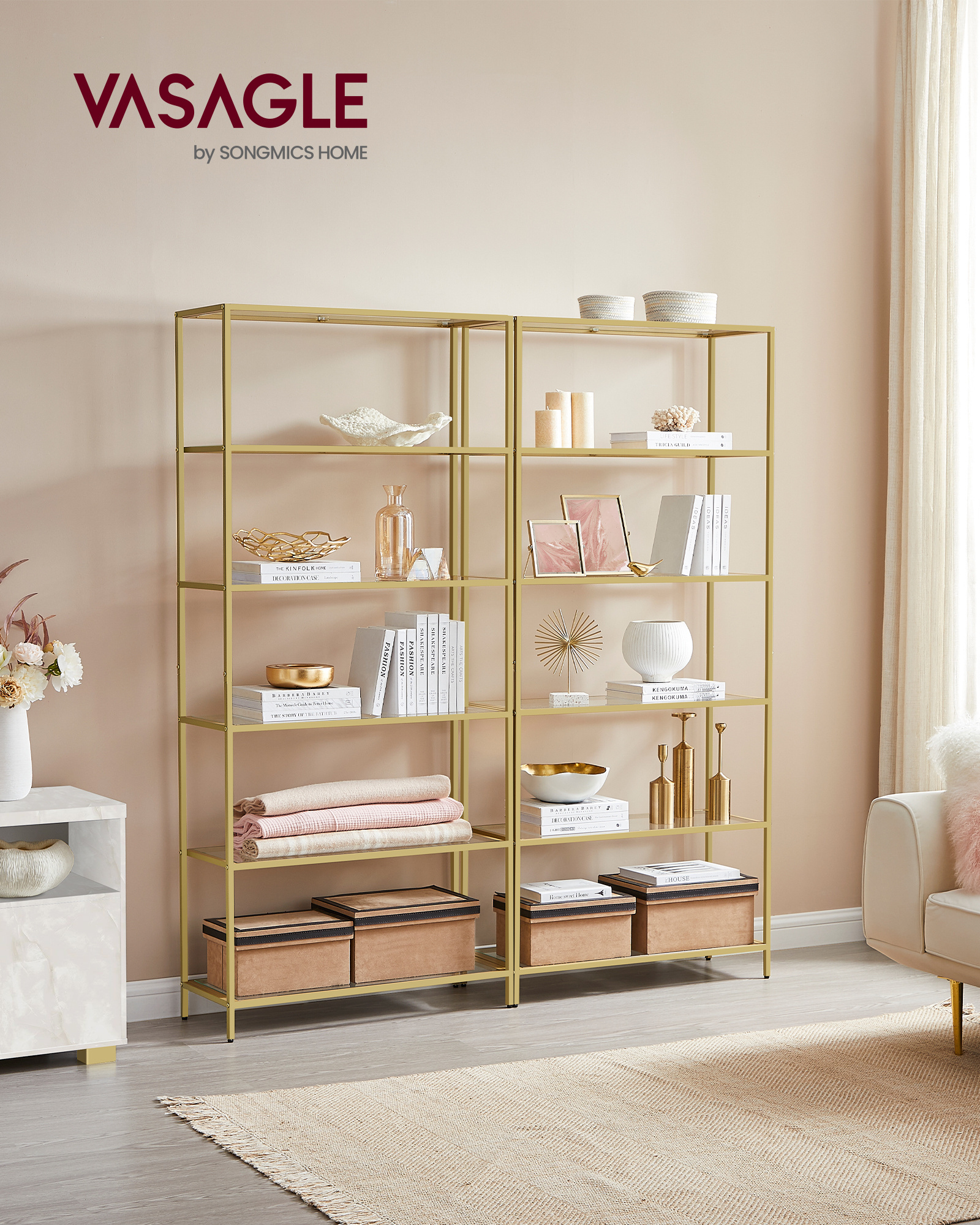 VASAGLE Home Office 6 tier bookshelf gold glass bookshelf shelves for living room