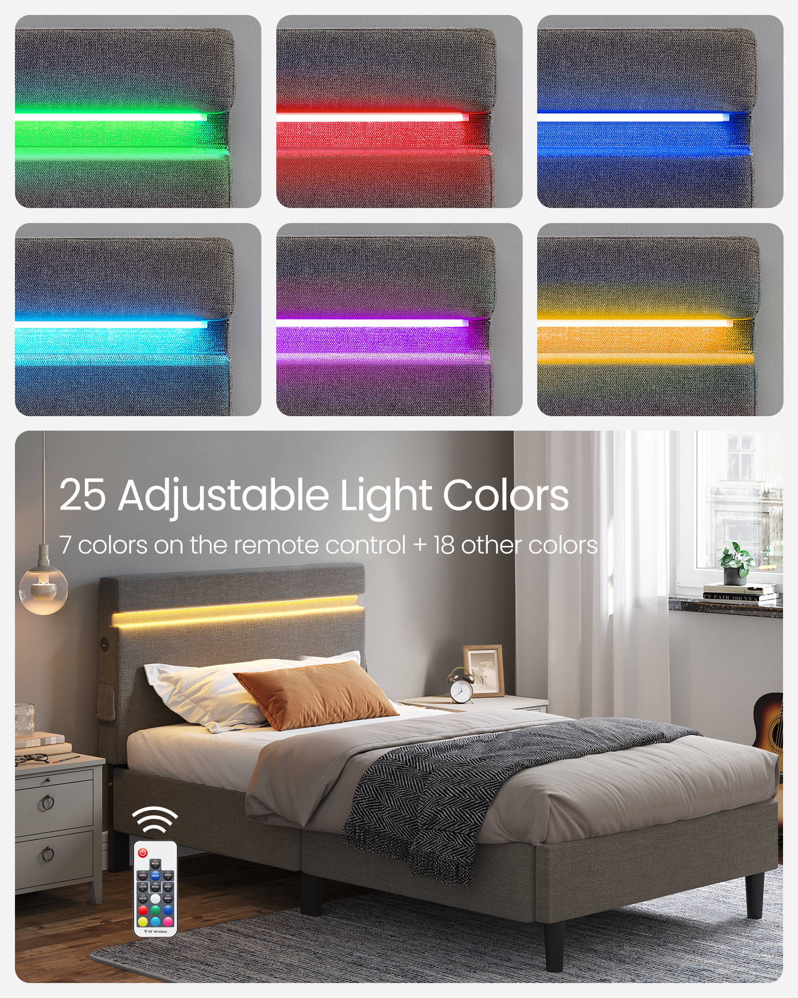 VASAGLE multifunctional king size LED bed frame for bedroom Hotel Single Bed Frame with Headboard