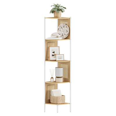 VASAGLE Small Spaces Standing bookshelf Metal Frame Rattan 5 Tier Wall Corner Bookcase for Living Room