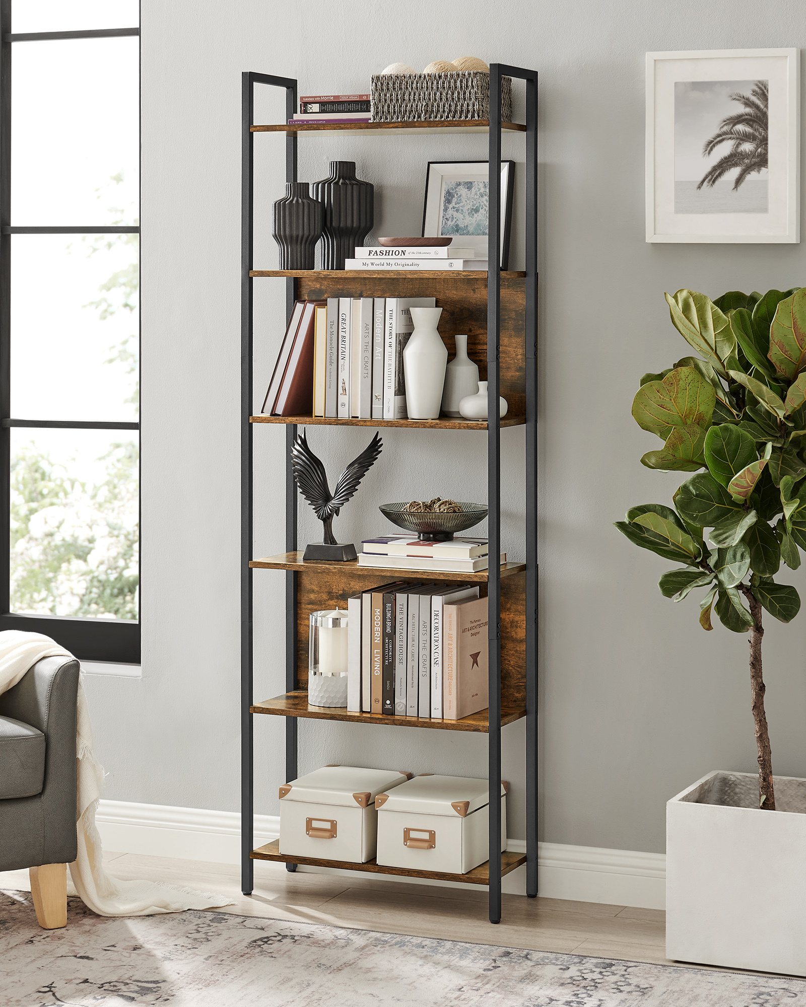 VASAGLE Hallway Office Industrial 6 Shelf Unit Ladder Shelf Stand Bookcase