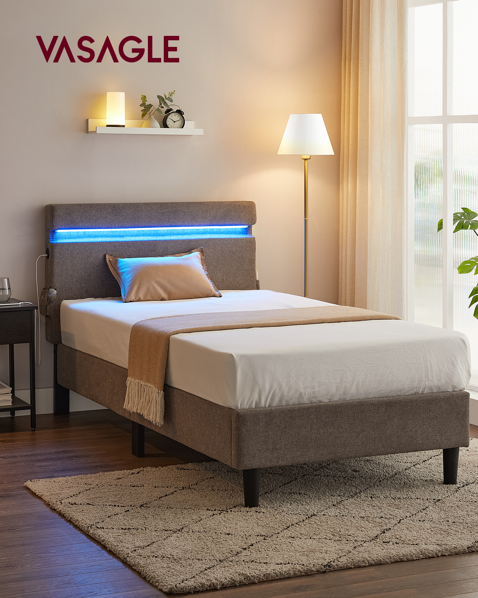 VASAGLE multifunctional king size LED bed frame for bedroom Hotel Single Bed Frame with Headboard